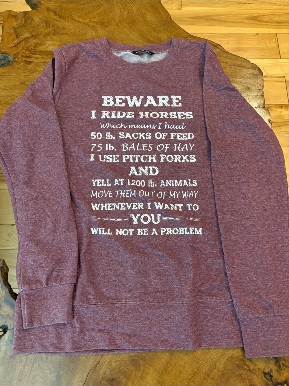 Women’s Maroon Long-Sleeve Graphic Tee - Horse Rider Warning
